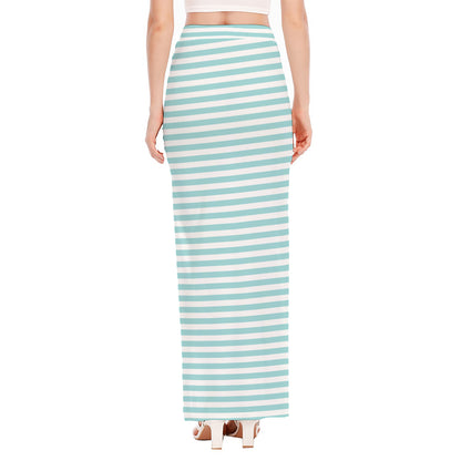 White And Cyan Striped Pattern Print High Slit Maxi Skirt