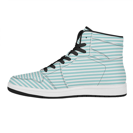 White And Cyan Striped Pattern Print High Top Leather Sneakers