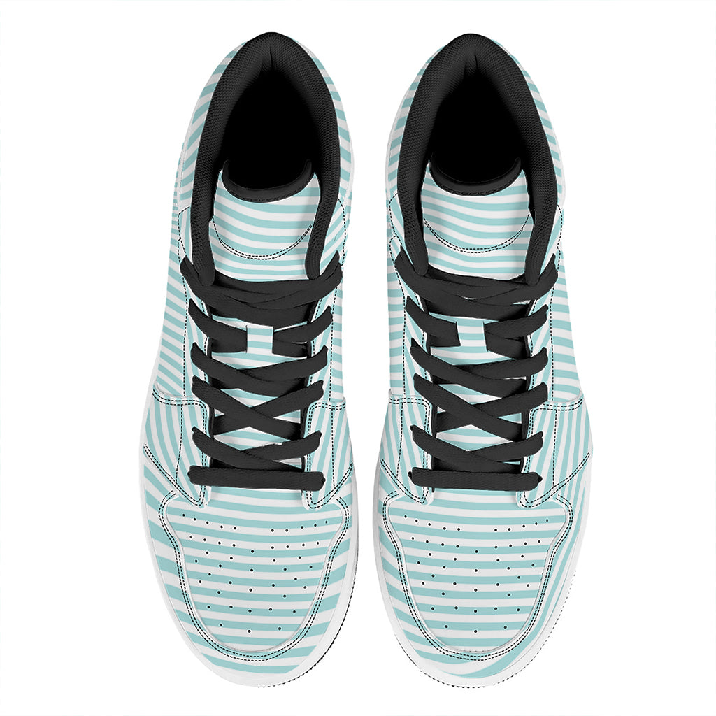 White And Cyan Striped Pattern Print High Top Leather Sneakers