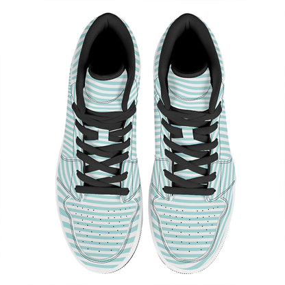 White And Cyan Striped Pattern Print High Top Leather Sneakers