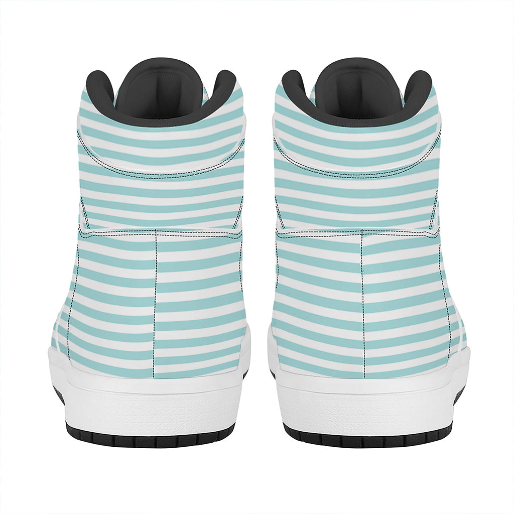 White And Cyan Striped Pattern Print High Top Leather Sneakers
