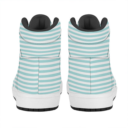 White And Cyan Striped Pattern Print High Top Leather Sneakers