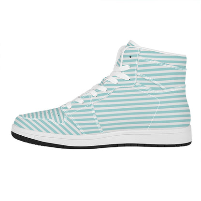 White And Cyan Striped Pattern Print High Top Leather Sneakers