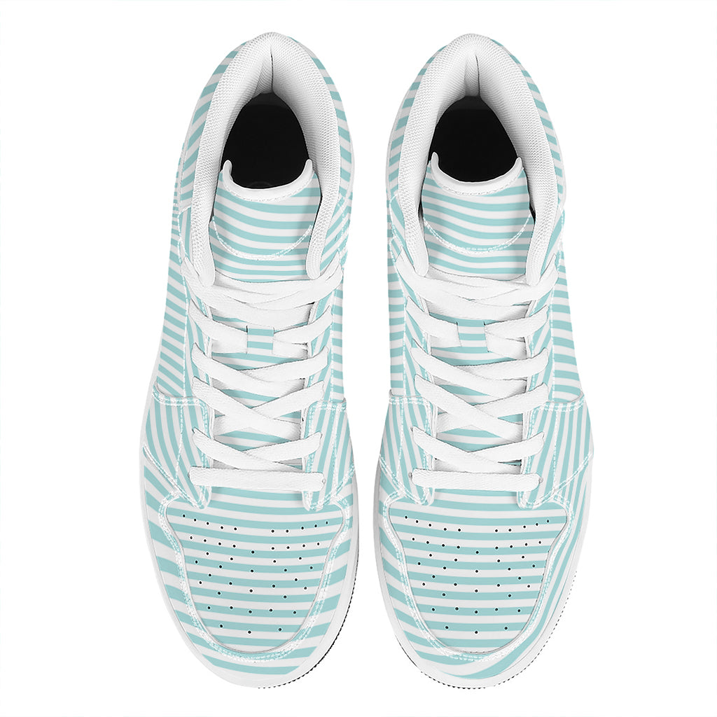 White And Cyan Striped Pattern Print High Top Leather Sneakers