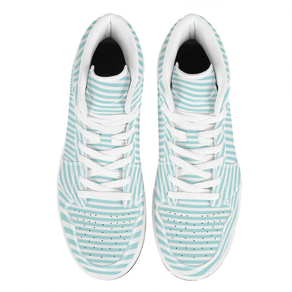 White And Cyan Striped Pattern Print High Top Leather Sneakers