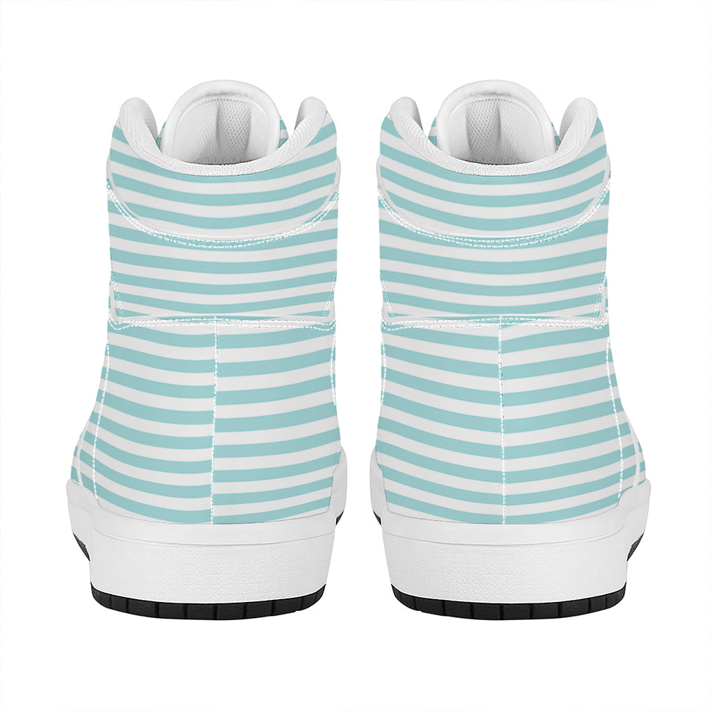 White And Cyan Striped Pattern Print High Top Leather Sneakers