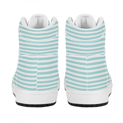 White And Cyan Striped Pattern Print High Top Leather Sneakers