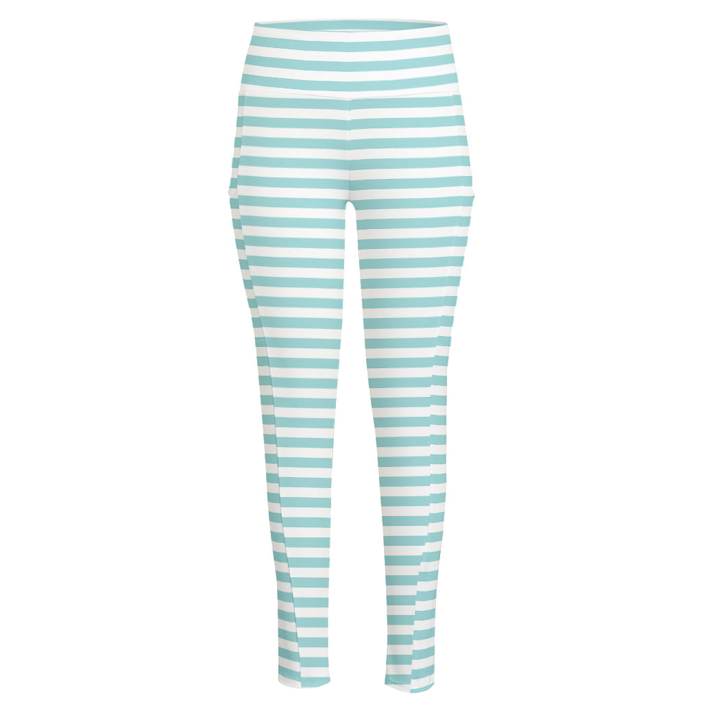 White And Cyan Striped Pattern Print High-Waisted Pocket Leggings