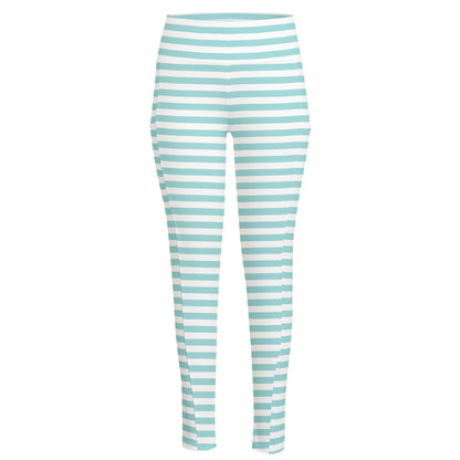 White And Cyan Striped Pattern Print High-Waisted Pocket Leggings