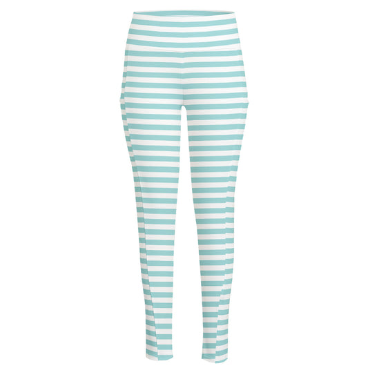 White And Cyan Striped Pattern Print High-Waisted Pocket Leggings