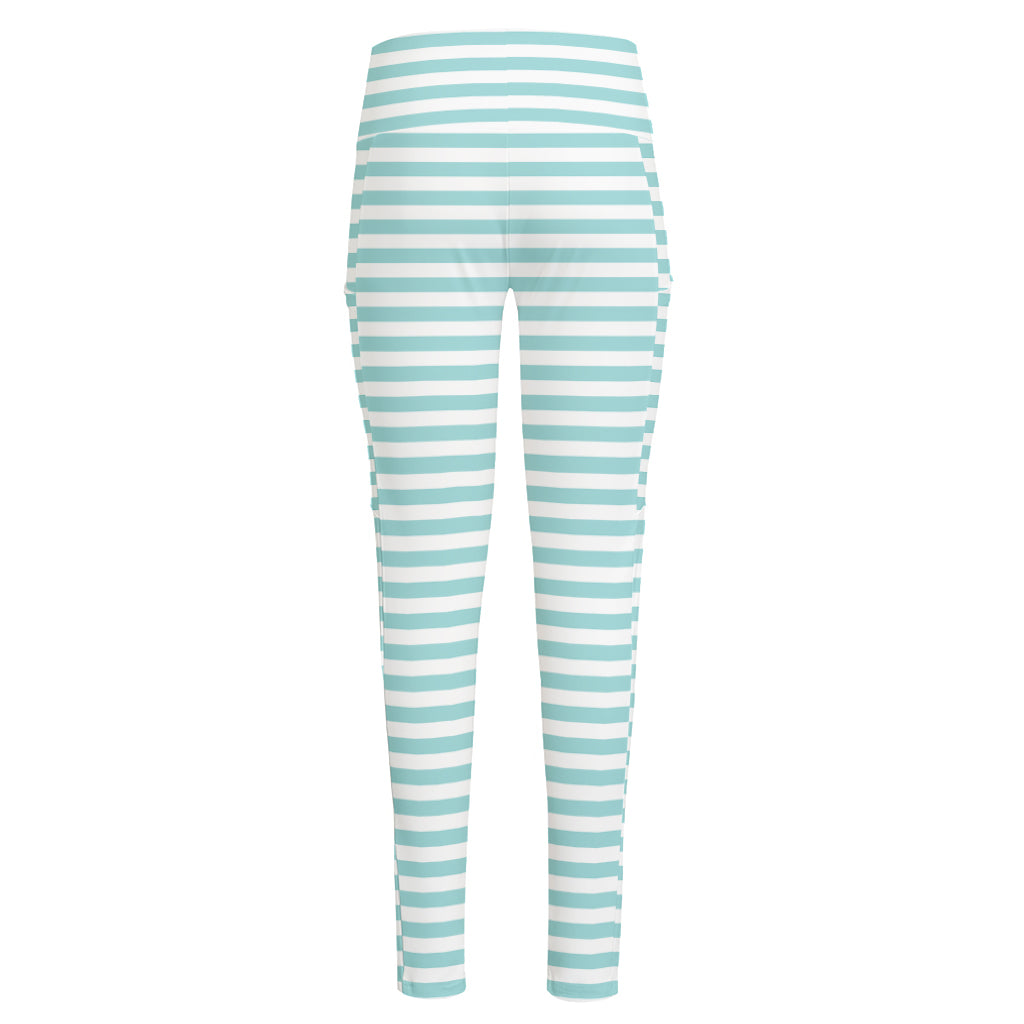White And Cyan Striped Pattern Print High-Waisted Pocket Leggings
