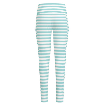 White And Cyan Striped Pattern Print High-Waisted Pocket Leggings