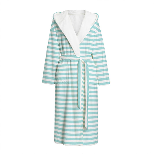 White And Cyan Striped Pattern Print Hooded Bathrobe