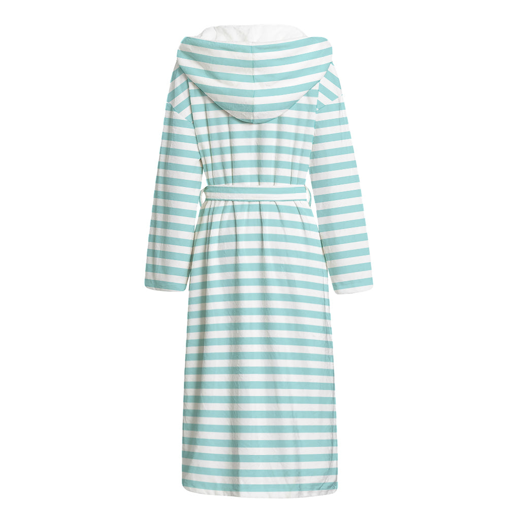 White And Cyan Striped Pattern Print Hooded Bathrobe