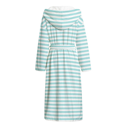 White And Cyan Striped Pattern Print Hooded Bathrobe