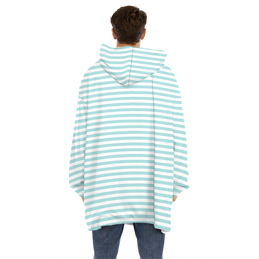White And Cyan Striped Pattern Print Hoodie Blanket