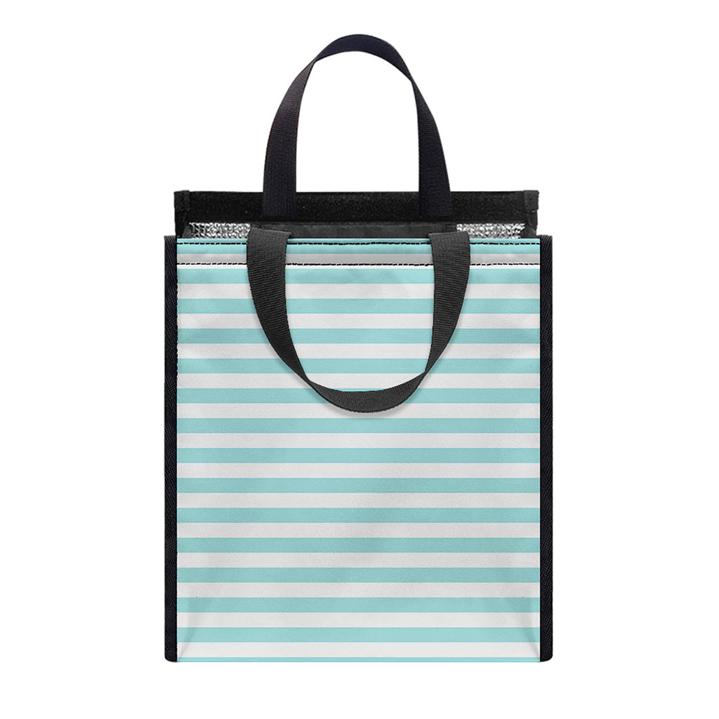 White And Cyan Striped Pattern Print Insulated Lunch Tote