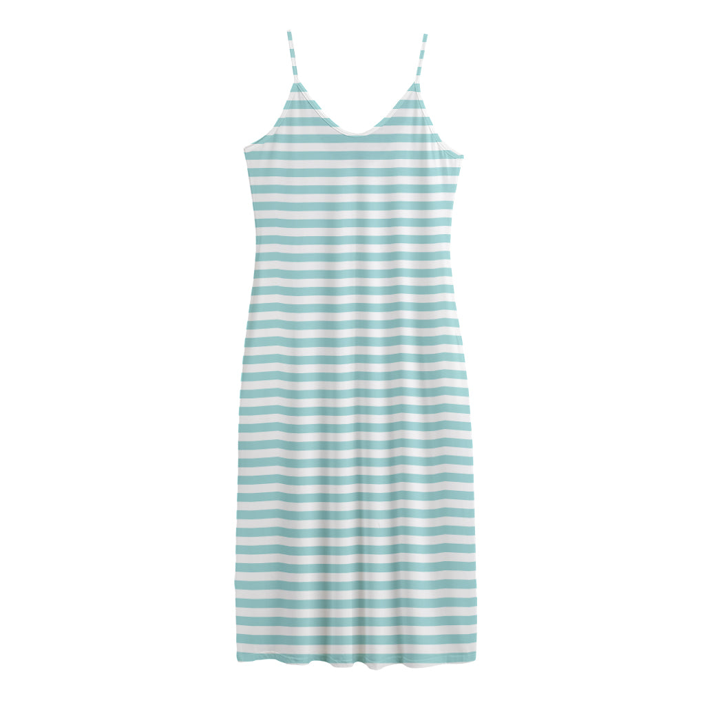 White And Cyan Striped Pattern Print Jersey Midi Cami Dress