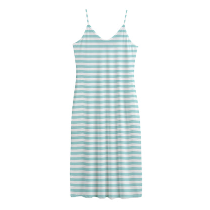 White And Cyan Striped Pattern Print Jersey Midi Cami Dress