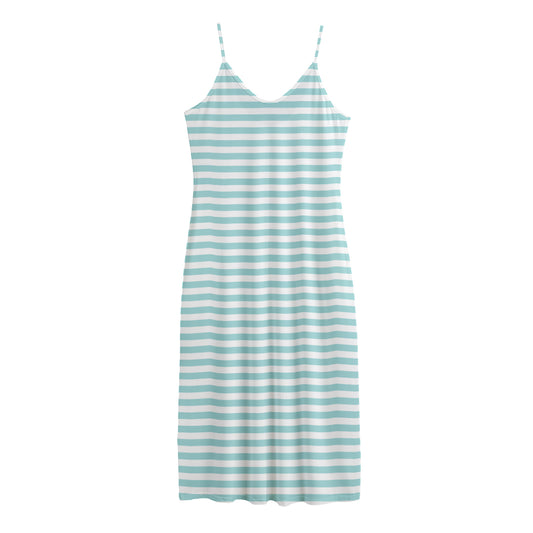 White And Cyan Striped Pattern Print Jersey Midi Cami Dress