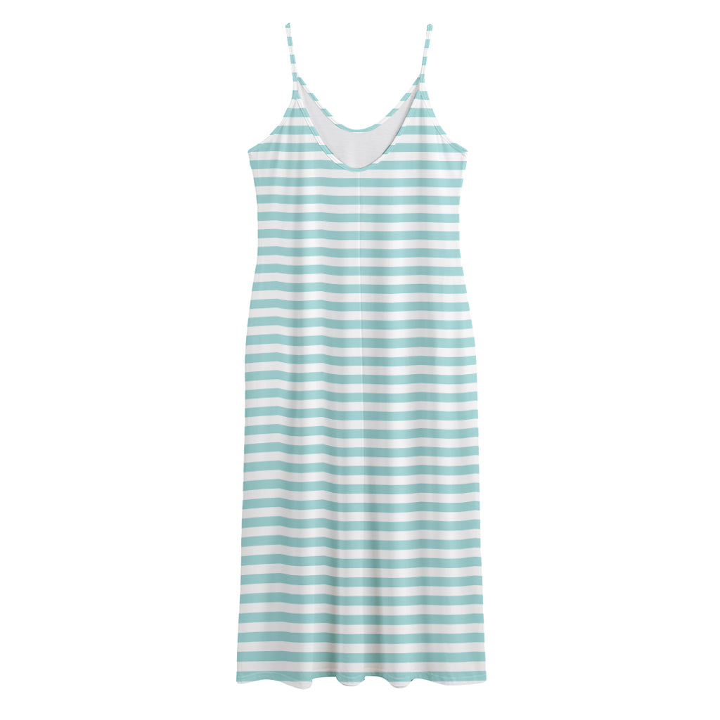 White And Cyan Striped Pattern Print Jersey Midi Cami Dress
