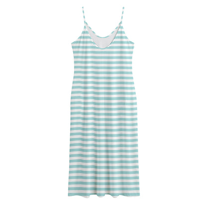 White And Cyan Striped Pattern Print Jersey Midi Cami Dress