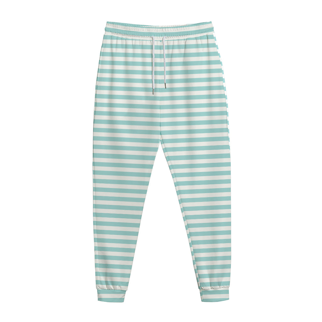 White And Cyan Striped Pattern Print Jogger Pants