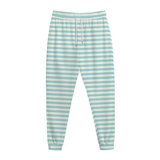 White And Cyan Striped Pattern Print Jogger Pants