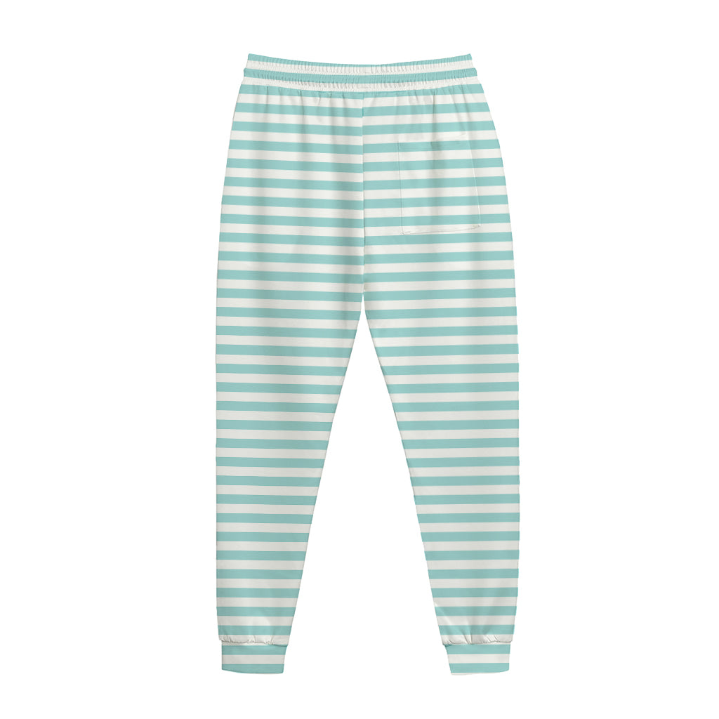 White And Cyan Striped Pattern Print Jogger Pants