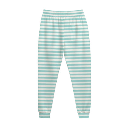White And Cyan Striped Pattern Print Jogger Pants