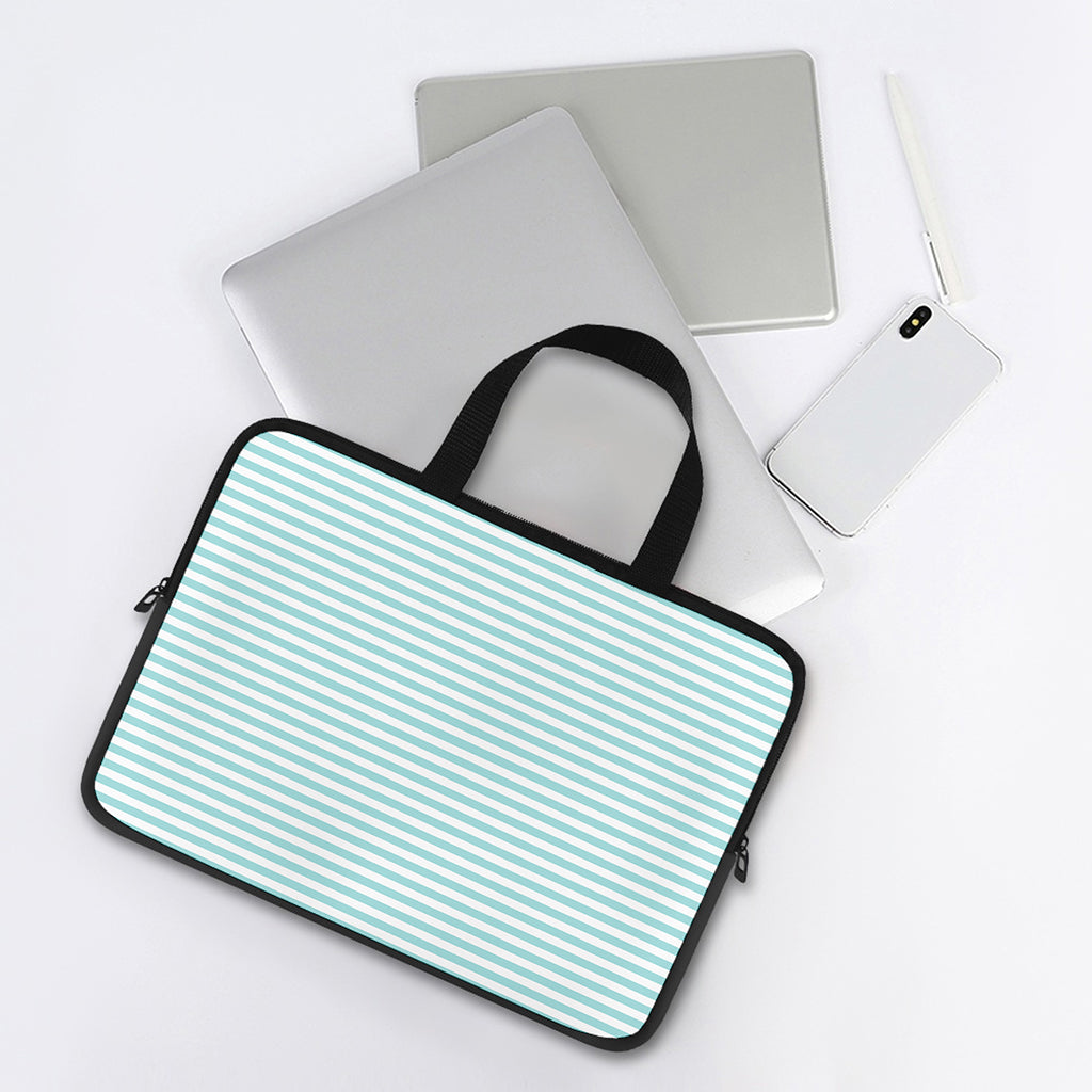 White And Cyan Striped Pattern Print Laptop Sleeve With Handle
