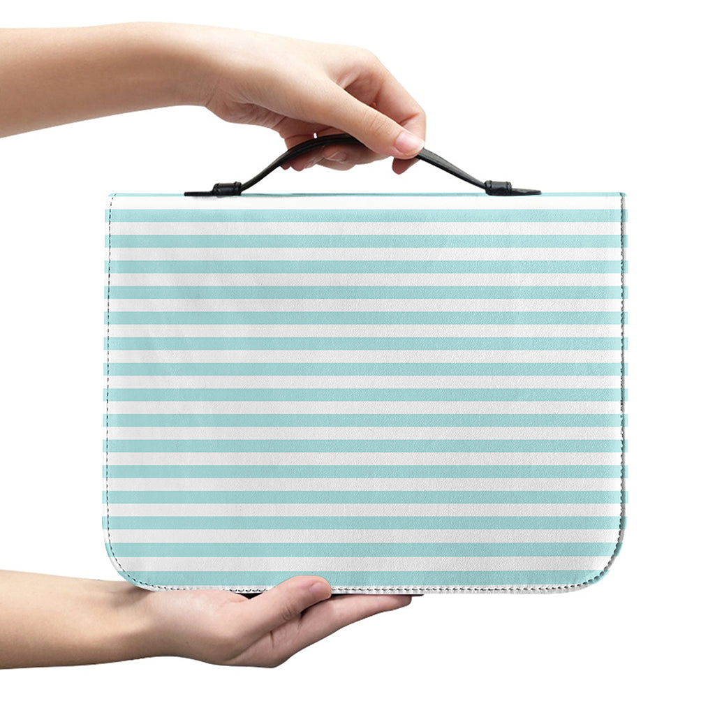 White And Cyan Striped Pattern Print Leather Bible Cover