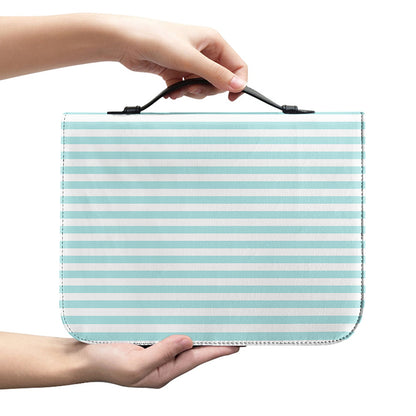 White And Cyan Striped Pattern Print Leather Bible Cover