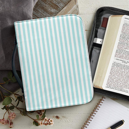 White And Cyan Striped Pattern Print Leather Bible Cover