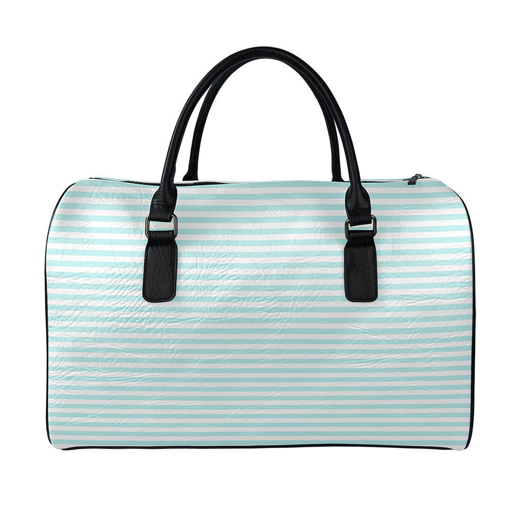 White And Cyan Striped Pattern Print Leather Duffle Bag