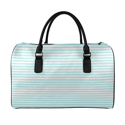 White And Cyan Striped Pattern Print Leather Duffle Bag