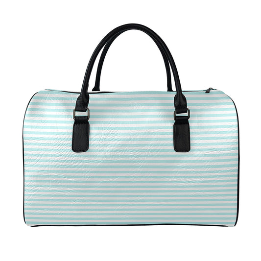 White And Cyan Striped Pattern Print Leather Duffle Bag