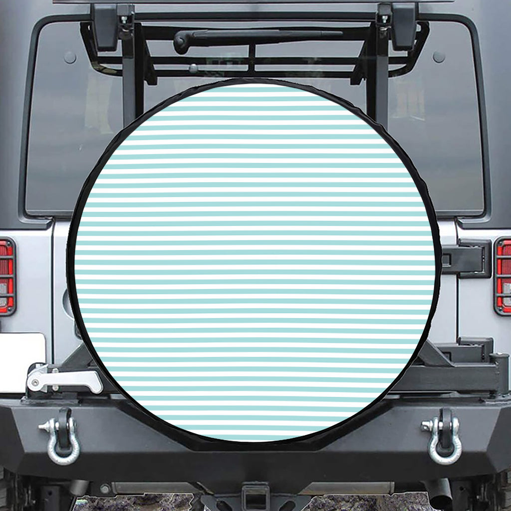 White And Cyan Striped Pattern Print Leather Spare Tire Cover