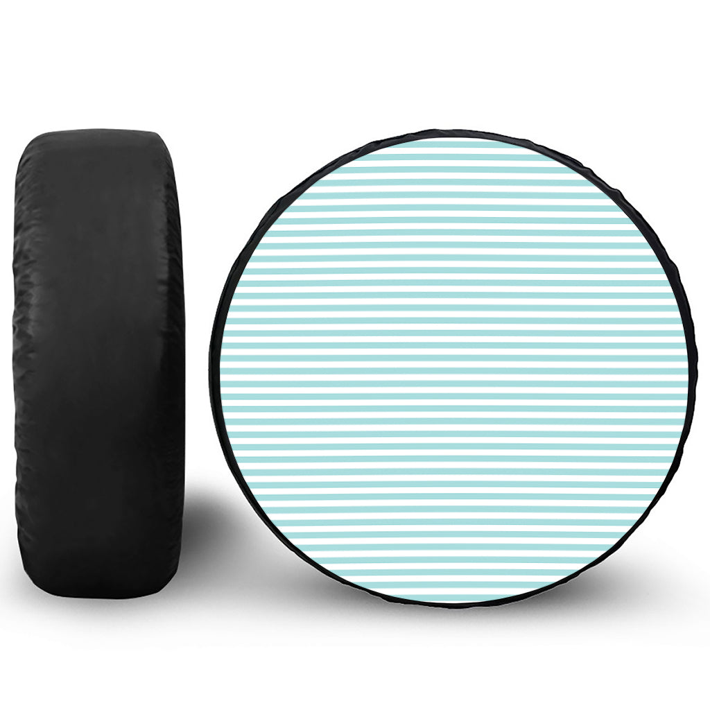 White And Cyan Striped Pattern Print Leather Spare Tire Cover