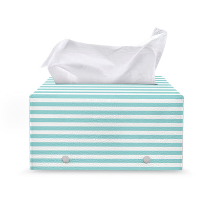 White And Cyan Striped Pattern Print Leather Tissue Box Cover