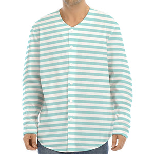 White And Cyan Striped Pattern Print Long Sleeve Baseball Jersey