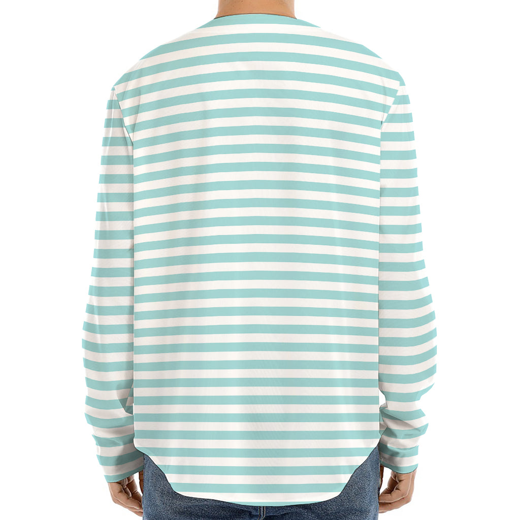 White And Cyan Striped Pattern Print Long Sleeve Baseball Jersey