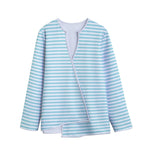 White And Cyan Striped Pattern Print Long Sleeve Short Coat