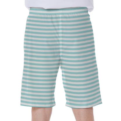 White And Cyan Striped Pattern Print Men's Beach Shorts