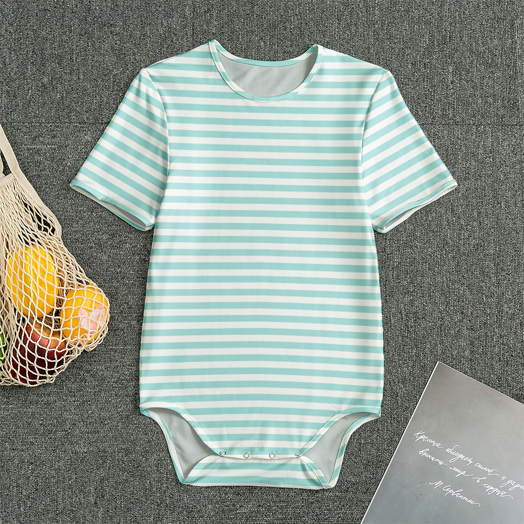 White And Cyan Striped Pattern Print Men's Bodysuit