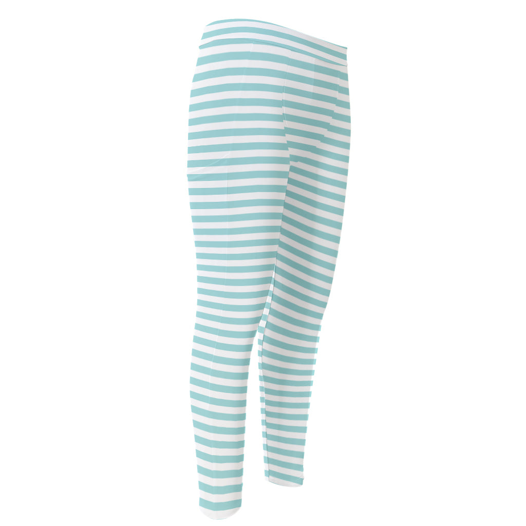 White And Cyan Striped Pattern Print Men's Compression Pants