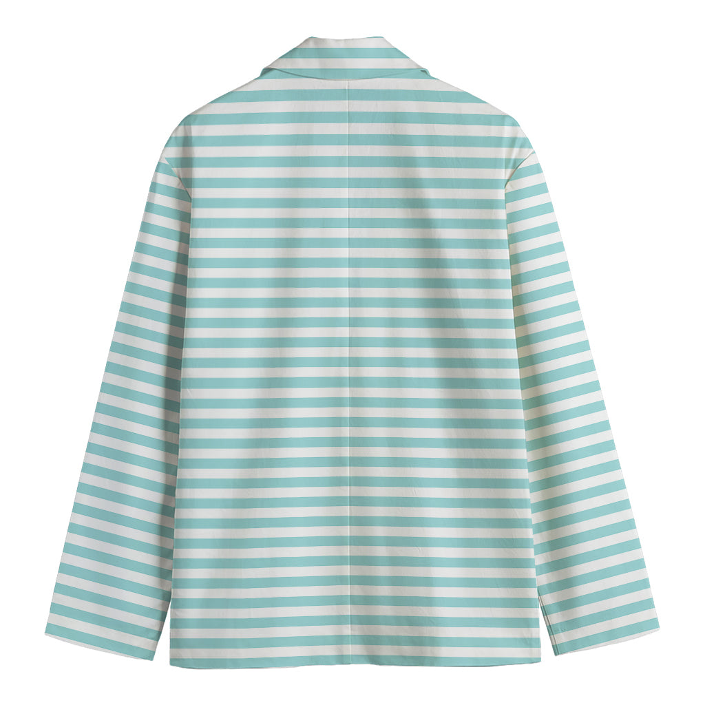 White And Cyan Striped Pattern Print Men's Cotton Blazer