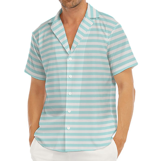 White And Cyan Striped Pattern Print Men's Deep V-Neck Shirt