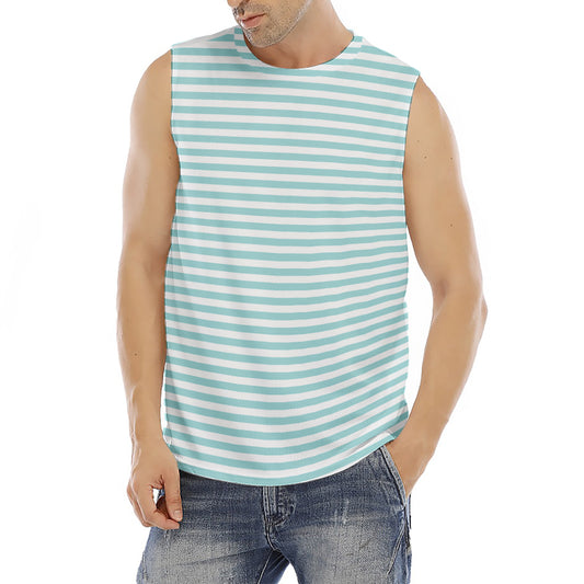 White And Cyan Striped Pattern Print Men's Fitness Tank Top