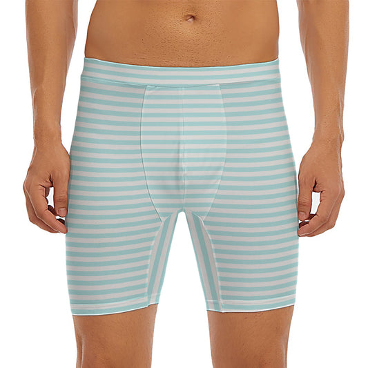 White And Cyan Striped Pattern Print Men's Long Boxer Briefs